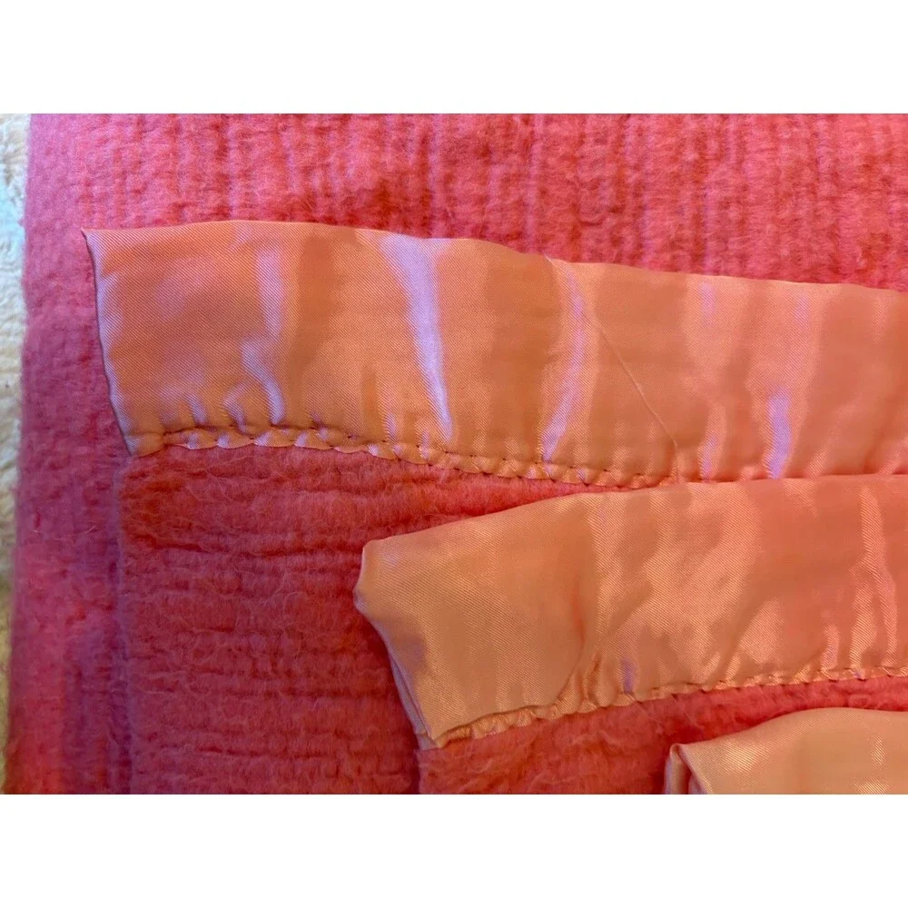 Vintage Waffle Weave Acrylic Blanket Satin Trim Pink Salmon Thermal Throw 86x86”